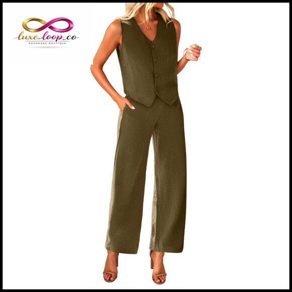 Women's 2-Piece Vest and Wide Leg Pants Set Business Casual Polyester Suit